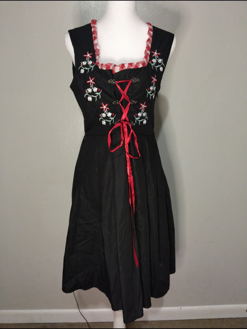 Black Midi Dress with Red Lace-Up and Floral Embroidery